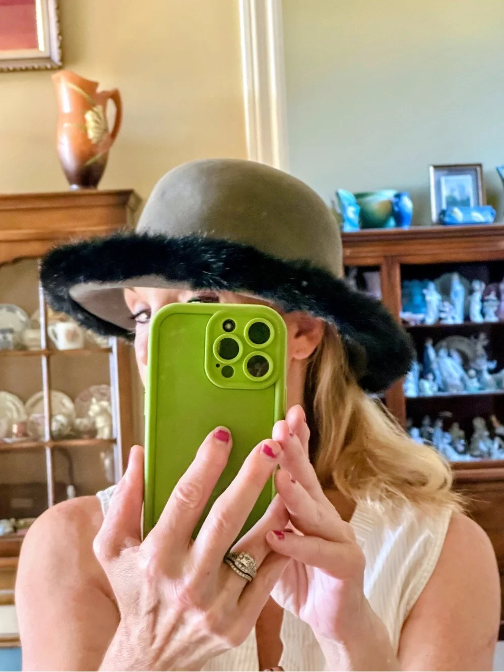 dennis basso Gray Wool Cloche Hat with Black Fur Trim